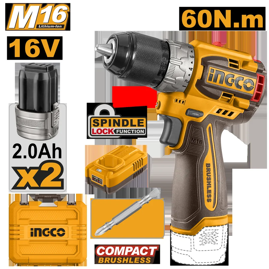 TRAPANO COMPACT BRUSHLESS 60Nm CON 2 BATTERIE 16V